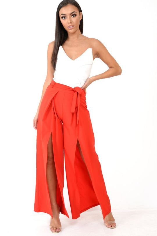 Red Wide Leg Belted Split Front Trousers - Aamira