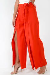 Red Wide Leg Belted Split Front Trousers - Aamira