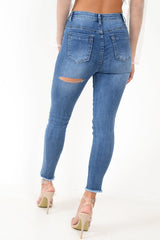 Blue Back Rip Raw Hem Skinny Jeans - Ottilie