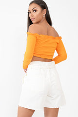 Orange Ribbed Frill Bardot Crop Top - Cassidy