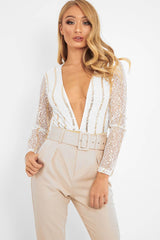 White Gold Sequin Plunge Bodysuit - Dreah