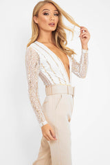 White Gold Sequin Plunge Bodysuit - Dreah