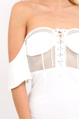 White Bardot Frill Lace up Front Bodycon Dress - Ciceley