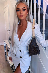 White Button Front Belted Blazer Dress - Justyne