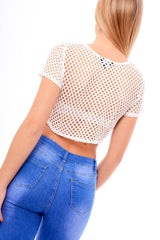 White Fishnet Short Sleeved Crop Top - Ebony