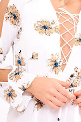 White Floral Print Lace Up Playsuit - Courtney