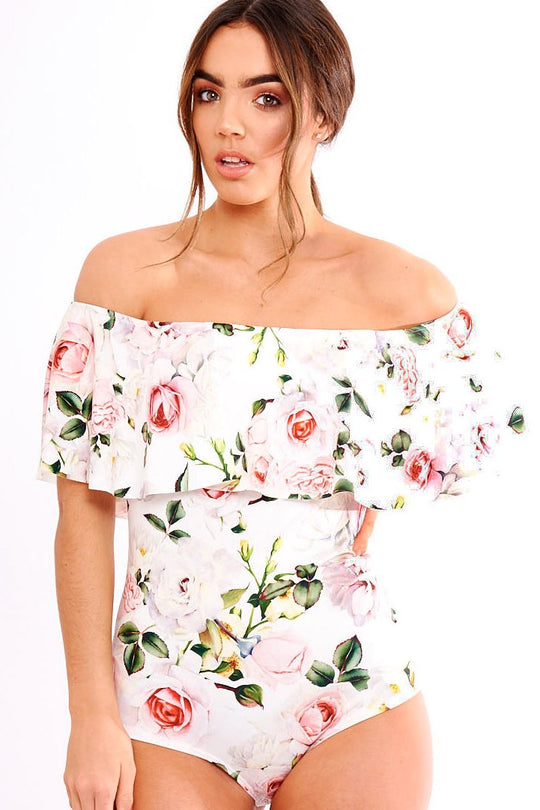 White Floral Print Bardot Frill Bodysuit - Mylene