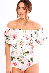 White Floral Print Bardot Frill Bodysuit - Mylene