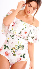 White Floral Print Bardot Frill Bodysuit - Mylene