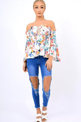 White Floral Smocked Lace Up Off Shoulder Top - Lorrie