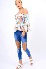 White Floral Smocked Lace Up Off Shoulder Top - Lorrie