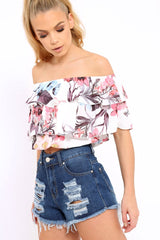 White Floral Print Frill Bardot Crop Top - Pollie