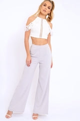 White Halter Neck Frill Cold Shoulder Crop Top - Carlie