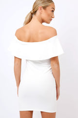 White Bardot Frill Bodycon Applique Dress - Leticia