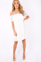 White Crinkle Bardot Ruffle Trim Dress - Kelsey