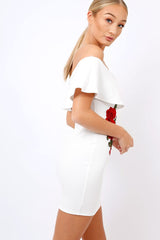 White Bardot Frill Bodycon Applique Dress - Leticia