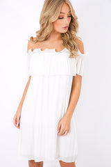 White Crinkle Bardot Ruffle Trim Dress - Kelsey