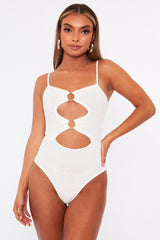 White Front Ring Cut Out Ribbed Bodysuit - Ruba