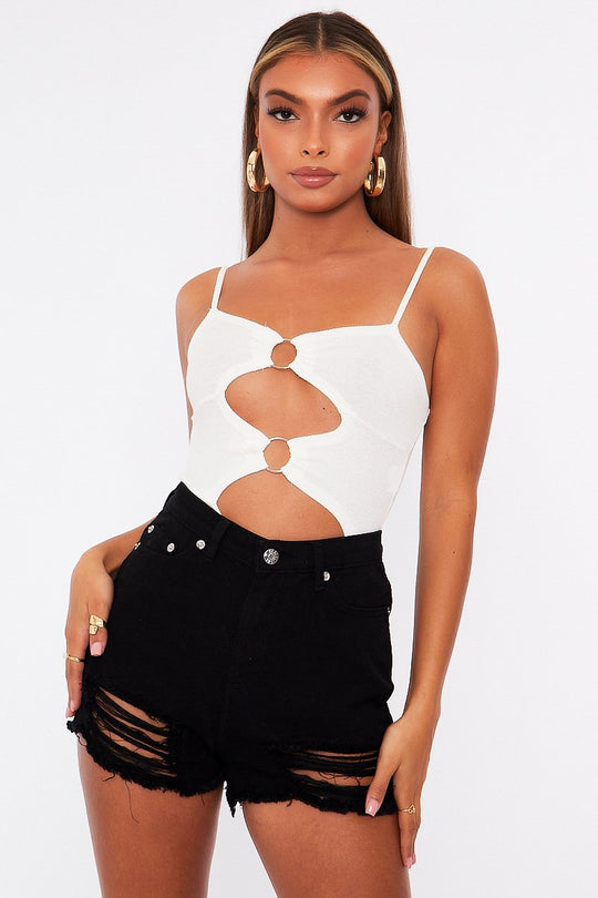 White Front Ring Cut Out Ribbed Bodysuit - Ruba