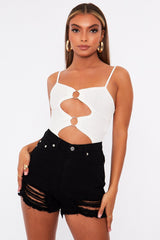 White Front Ring Cut Out Ribbed Bodysuit - Ruba