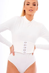 White High Neck Corset Detail Bodysuit - Hilda