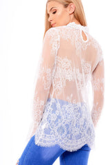 White High Neck Floral Lace Bell Sleeve Top - Elenore