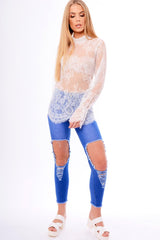 White High Neck Floral Lace Bell Sleeve Top - Elenore