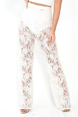 White Lace High Waist Wide Leg  Trousers - Irina