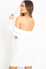White Belted Bardot Skater Dress - Jencie