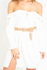 White Belted Bardot Skater Dress - Jencie