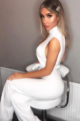 White High Neck Belted Wide Leg Jumpsuit - Phoebie