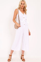 White Sleeveless Button Down Culotte Jumpsuit - Kalanni