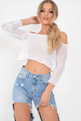 White Knitted Bardot Crop Top - Inari