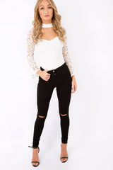 White Bell Sleeve Lace Insert Choker Bodysuit - Evie