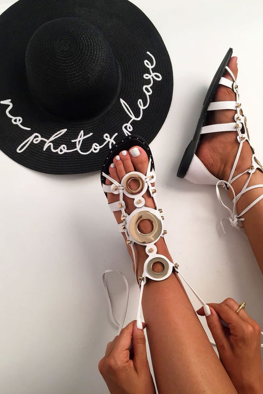 White Lace Up Gold Ring Gladiator Sandals - Belva