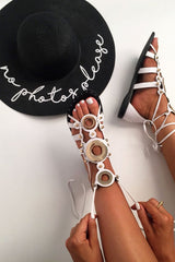 White Lace Up Gold Ring Gladiator Sandals - Belva
