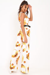 White Leaf Print Twist Front Belted Jumpsuit - Rainn