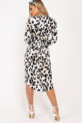 White Leopard Print Satin Belted Wrap Midi Dress - Rosine
