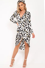 White Leopard Print Satin Belted Wrap Midi Dress - Rosine