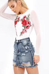 White Long Sleeves Floral Mesh Bodysuit - Daphne