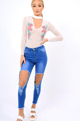 White Mesh Floral Choker Bodysuit - Bryleigh