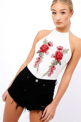White Mesh Floral Embroidered Halterneck Bodysuit - Bebe