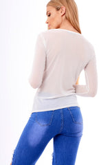 White Mesh Floral Embroidered Long Sleeve Top - Lisha