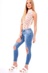 White Mesh High Neck Embroidered Bodysuit - Julietta