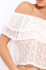 White Sheer Mesh Bardot Frill Top - Aileen