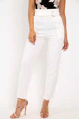 White Tapered Belted Cigarette Trousers - Myasia