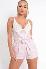 Pink Check Woven Paper Bag Shorts - Aleysa