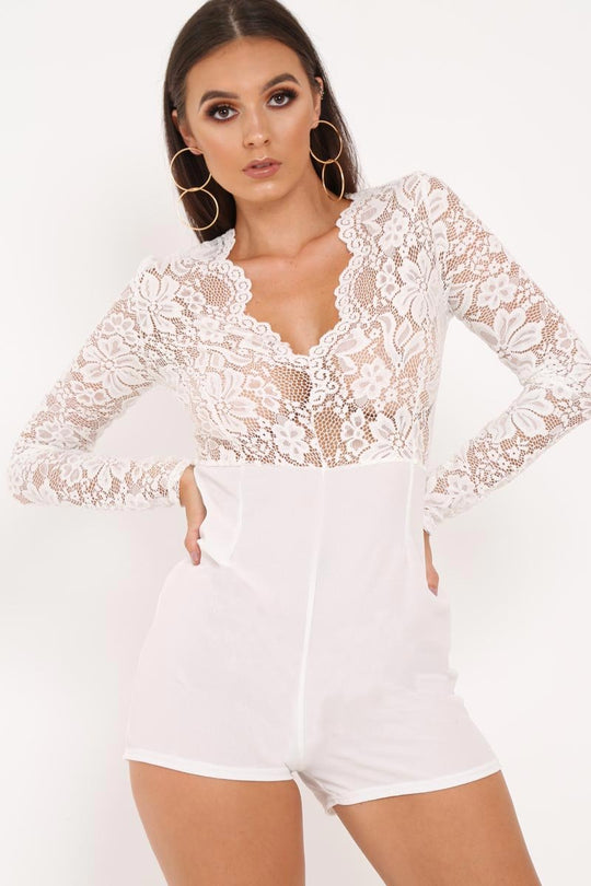 White Lace Top Plunge Playsuit - Nicha