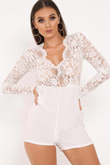 White Lace Top Plunge Playsuit - Nicha