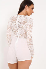 White Lace Top Plunge Playsuit - Nicha